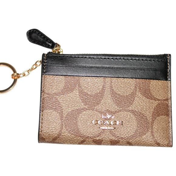 COACH Leather Id Case In Signature Canvas Gold/Blk - Picture 1 of 4